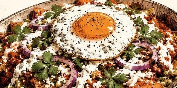 A plate of chilaquiles topped with a fried egg, crema, cilantro and red onion